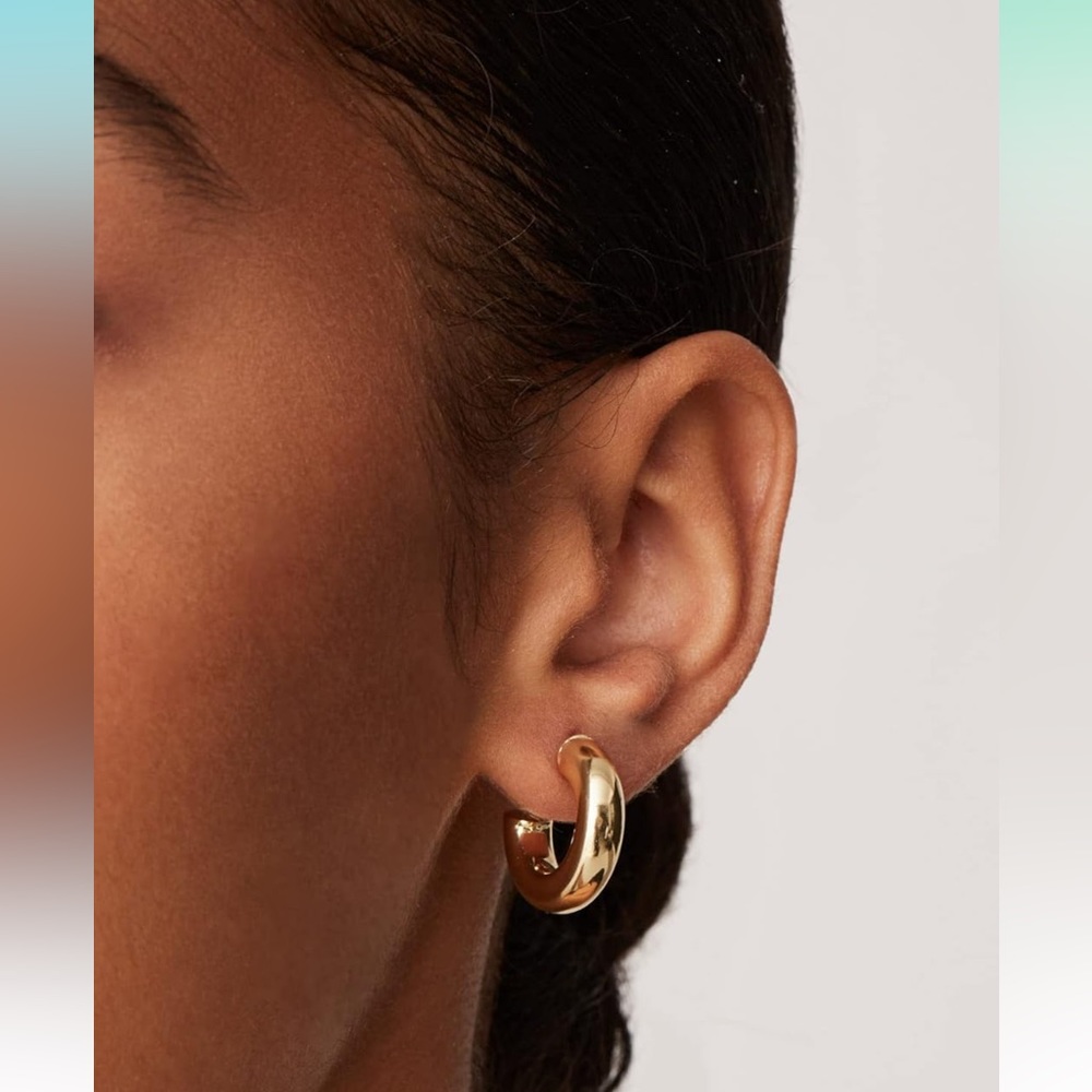 14K Gold Plated Small Lightweight Chunky Open Hoops Gold Hoop Earrings for Women - Picture 3 of 4
